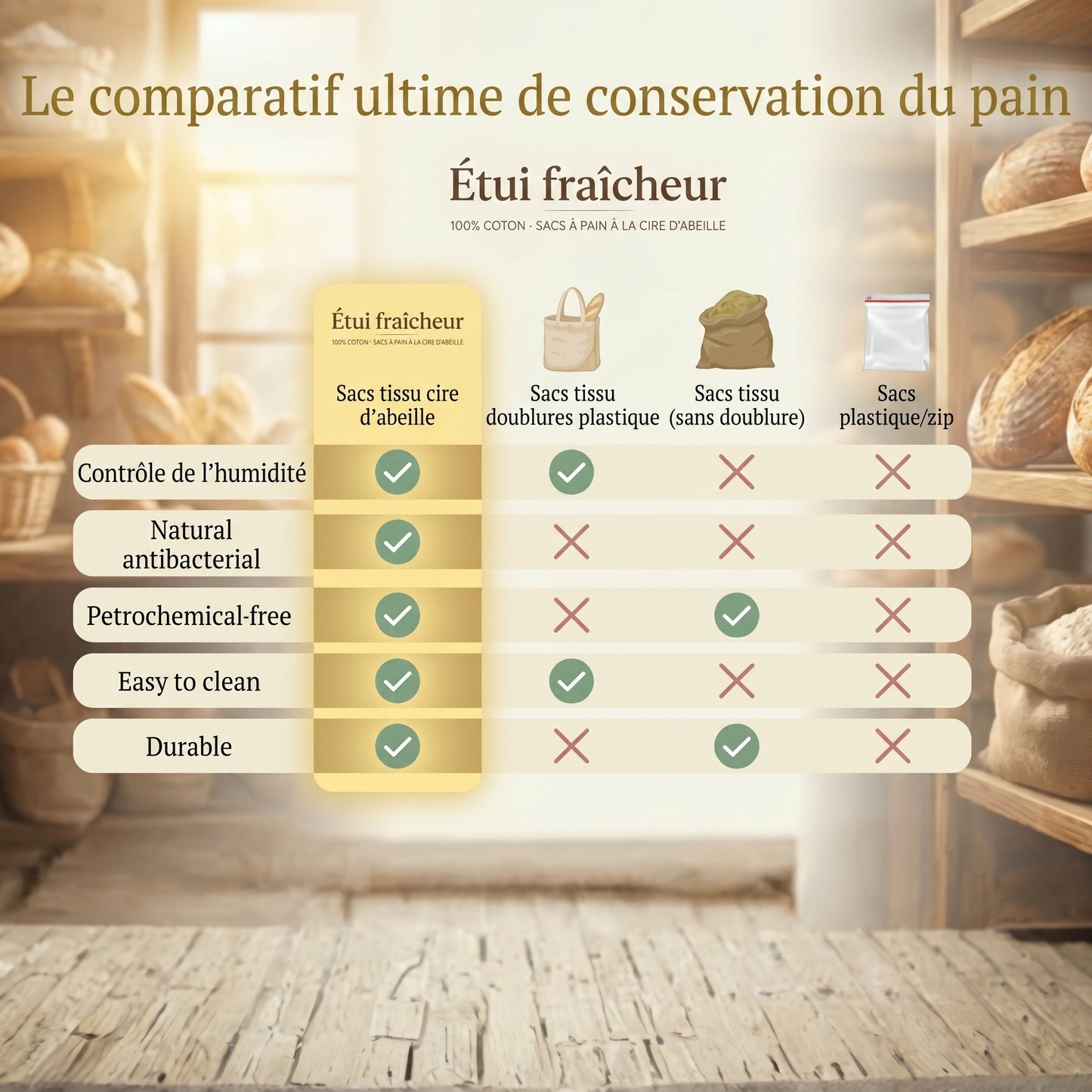 Étui fraicheur - Sac à pain 100 % coton et cire d'abeille