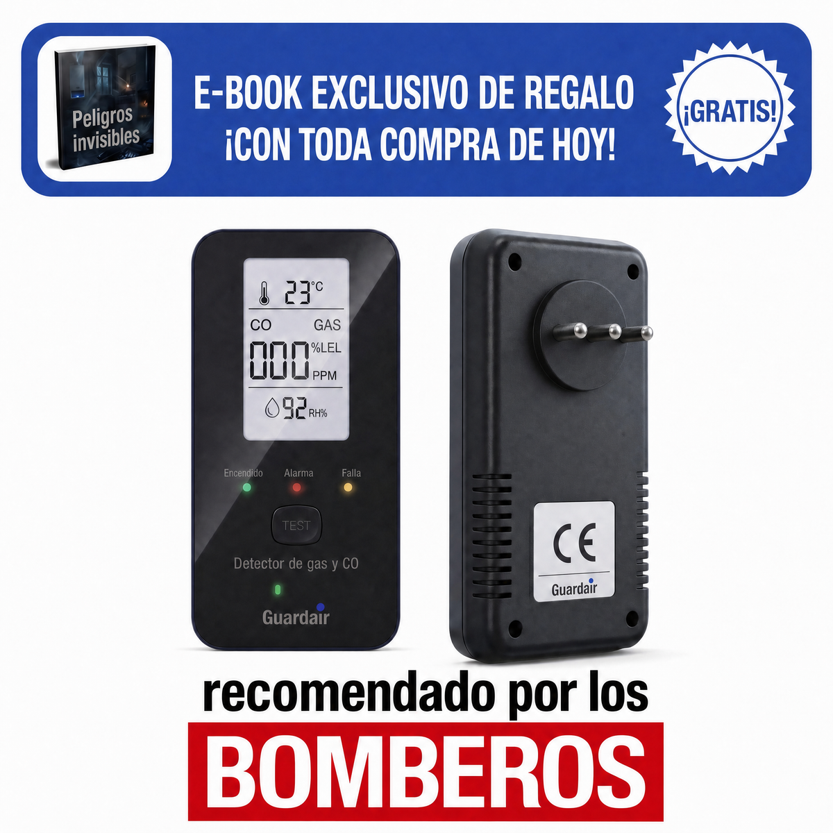 Detector Guardair enchufado en la pared, mostrando lecturas de gas en vivo