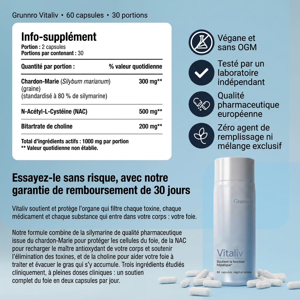Ingrédients de Vitaliv : silymarine, NAC et choline, garantie 30 jours