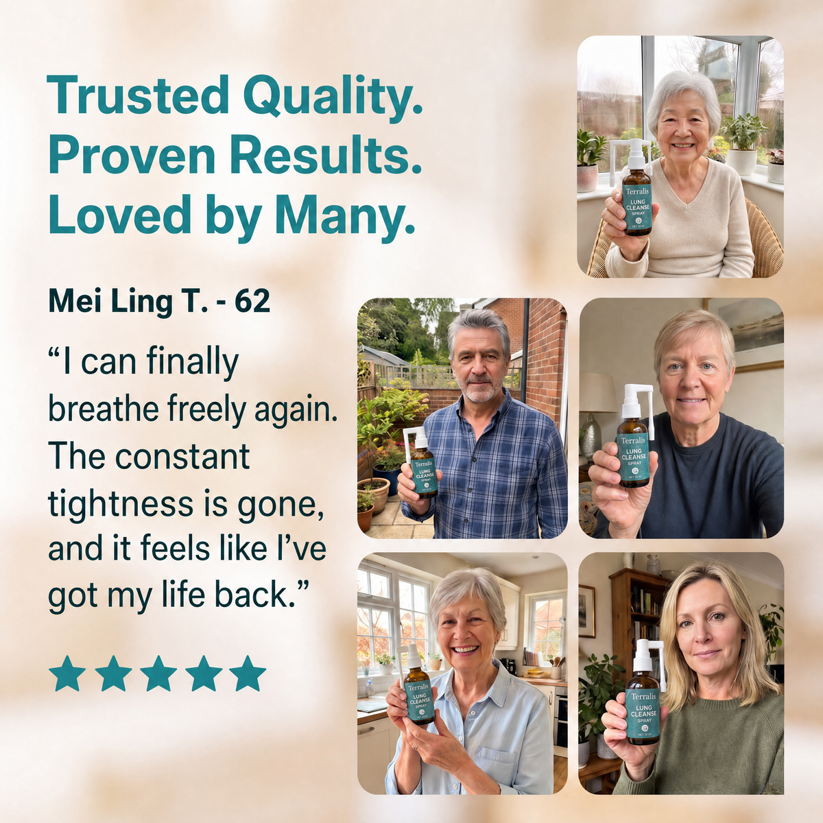 Five-star customer testimonial for the Terralis lung cleanse spray