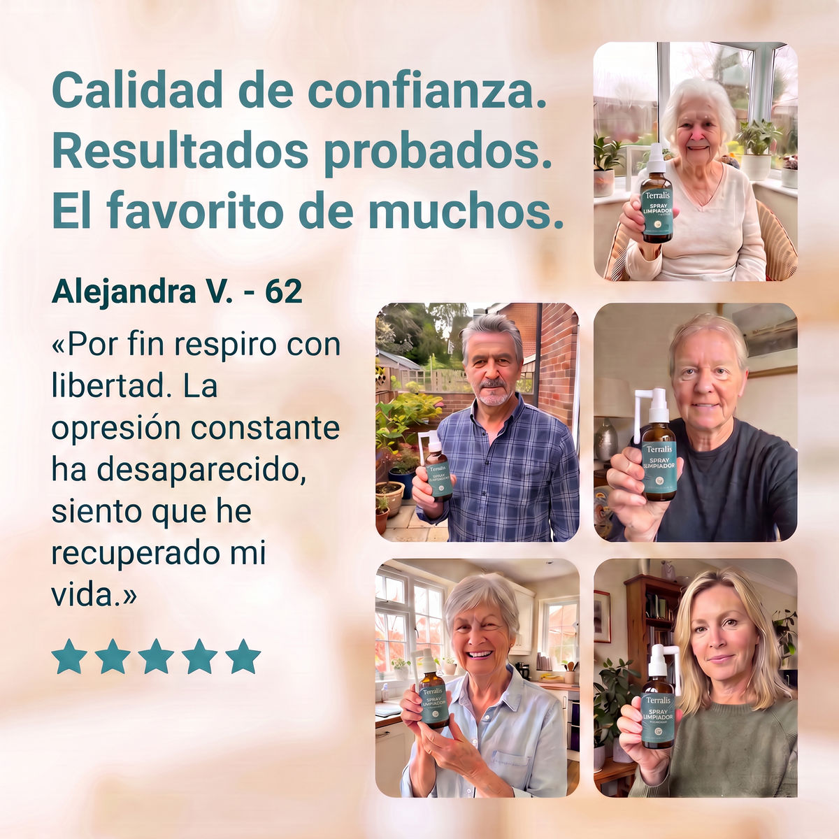 Testimonio de cliente con cinco estrellas para el spray Terralis