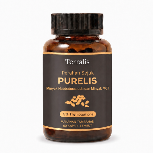 Botol Purelis, minyak habbatussauda perahan sejuk dengan 5% thymoquinone dan minyak MCT