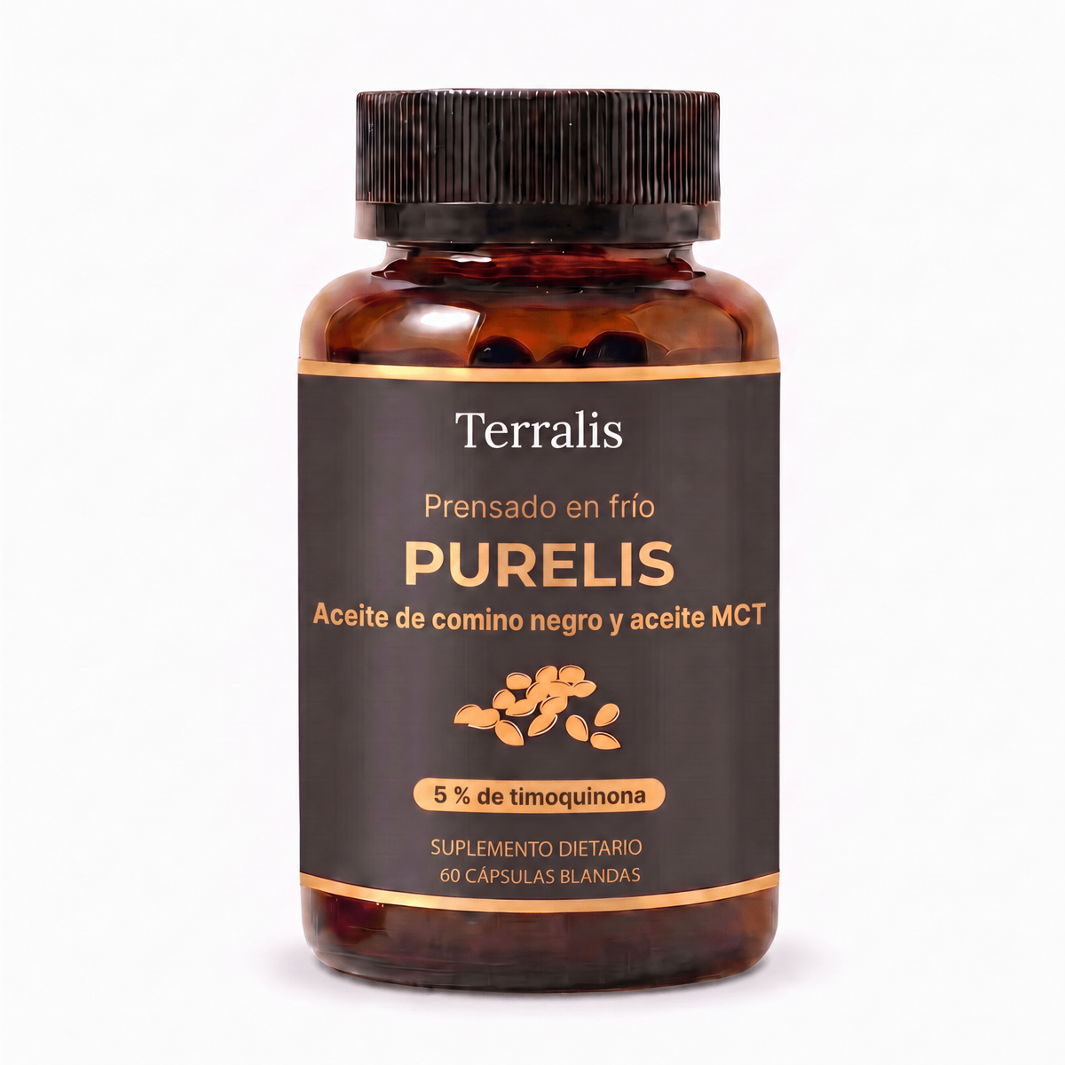 Frasco de Purelis, aceite de comino negro prensado en frío con 5 % de timoquinona y aceite MCT