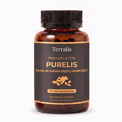 Frasco de Purelis, aceite de comino negro prensado en frío con 5 % de timoquinona y aceite MCT