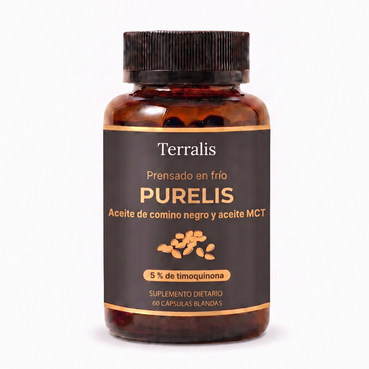 Frasco de Purelis, aceite de comino negro prensado en frío con 5 % de timoquinona y aceite MCT