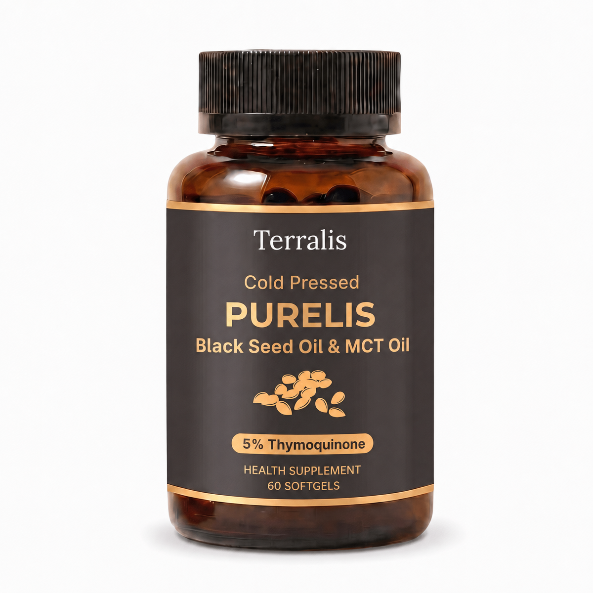 Purelis bottle, cold-pressed black seed oil with 5% thymoquinone and MCT oil